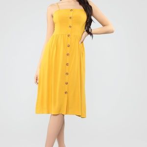 Mustard Button Down Midi Dress w Spaghetti Straps